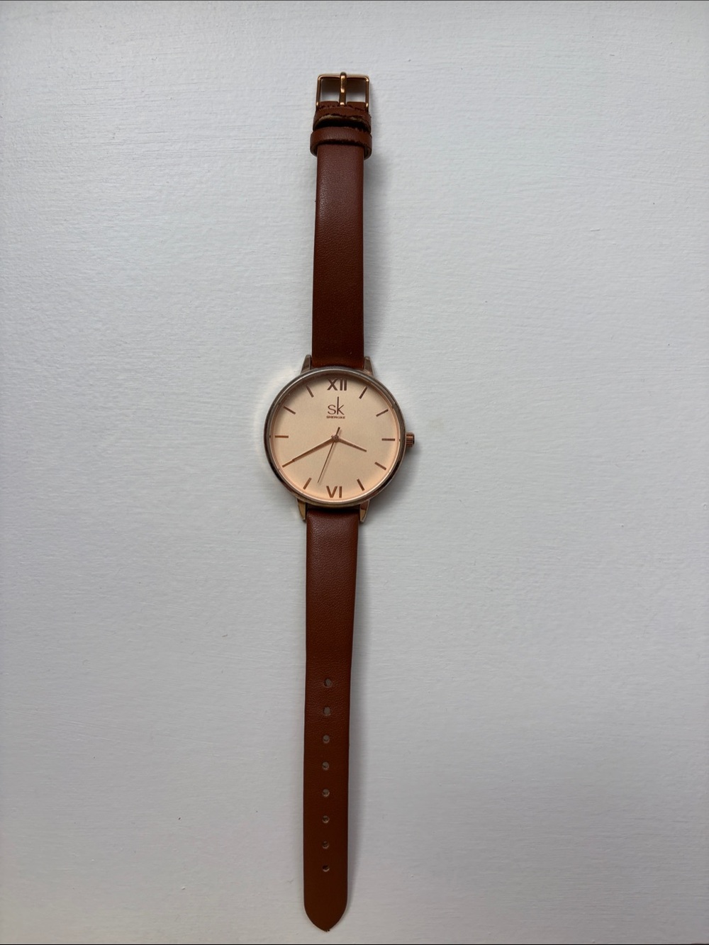Shengke (SK) Brown Leather Strap Watch with Rose Gold Case